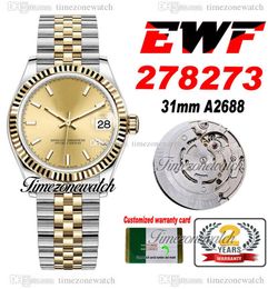 EWF 31mm 278273 A2688 Automatic Womens Ladies Watch Two Tone Yellow Gold Champagne Stick Dial JubileeSteel Bracelet Super Edition Same Serial Card Timezonewatch A1