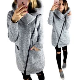 Plus Size Sweatshirt Womens Long Coat Autumn Winter Fashion Side Zip Pocket Hoody Jacket Women Casual Turndown Collar S5XL T200111