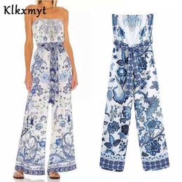 Klkxmyt Za Women Chic Fashion Floral Print Wide Leg Jumpsuits Vintage Backless Bow Tie Straps Female Playsuits Mujer 210527