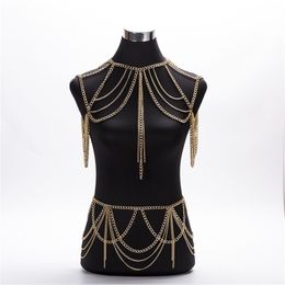 Hot Fashion Jewellery Accessories Punk Heavy Metal Multilayer Tassel Gold Body Chain Long Necklace Statement for women T200508