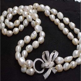 Hand knotted 2 rows necklace natural 10-11mm white baroque freshwater pearl sweater chain 22-24inch