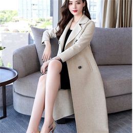 Slim Winter Wool Women Long Coat Woolen Office Lady Turn-Down Collar Overcoat Outerwear 201221