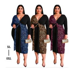 Plus Size Dresses Design Fall Casual Fat Girls Clothes Sexy V-Neck Leopard Print Patchwork Solid Colour Long Sleeve DressPlus