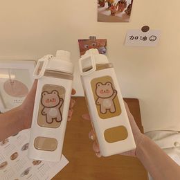 Summer straw cup bear Bottles creative square with scale children's handle girl transparent plastic water cup