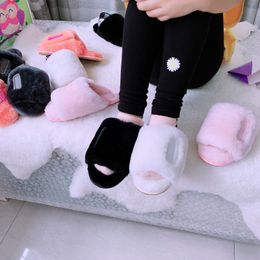 Family Matching Slippers Real Sheep Fur and Genuine Leather Sliders Women Kids Boys Girls Home Footwear Shoes 220423