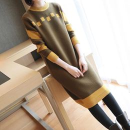 Casual Dresses 2022 Thick Warm Yellow Winter Dress Women Long Sleeve Contrast Cotton Midi Sweater Vintage Ladies
