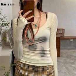 Karrram Korean Style Mesh Top Women Tie Dye Printed See Through T Shirt Sexy Slim Translucent Sheer Tops Grunge Tshirts Japanese 220511