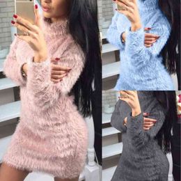 Women Sweaters Autumn Winter Solid Color Sexy Turtleneck Long Sleeve Sweater Mini Dress Knitted Clothes Dresses