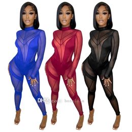 Womens New Clothes Solid Long Sleeve Rompers Mid Neck Sexy Perspective Mesh Splicing Jumpsuits