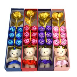 Pretty Handmade Soap Flowers Head Gold Foil Rose Bear Gift Box Valentines Day Wedding Party Decoration Gift for Girls Bridesmaid