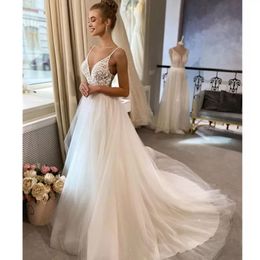 Simple Elegant A-Line Wedding Dresses Bridal Gowns for Girls Spaghetti Straps Lace Sleevelss Appliques Wedding Gowns Sweep Train robe de mariée custom made