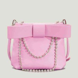 Y2K Pink Bow Handbags for Women Crystal Chain Shoulder Crossbody Bag SquareLeather Underarm Bag Ladies Party Evening Bags 2022 G220531