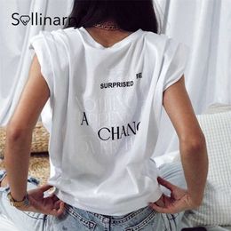 Sollinarry Personalized sleeveless white T shirts High street letter print graffiti T-shirt summer O-neck Shoulder padded top 210709