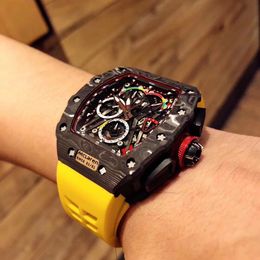 Relógio masculino série rm50-03, movimento mecânico multifuncional automático, material da pulseira de borracha Material da caixa de fibra de carbono Relógio esportivo masculino sem função de cronometragem
