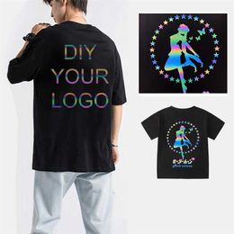 Coustom Your Design T Shirts DIY Reflective Rainbow Streetwear Hip Hop Oversize Men Tees Top Cotton Half Sleeve Man clothes 220614