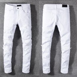 MENS DESTRESS JEANS RIPPERA SKINN VIT DESIGNER CLASSIK BIKERSENDENTIM TASSEL FÖR MAN STCKEL REAPPED FIT VINTAGE RACK LÅN LÅNG MIDLASSFLYG LJUS MIDVÄG