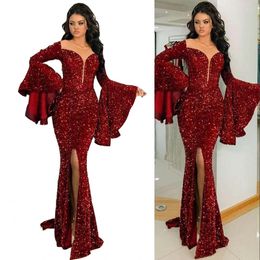 2022 Sparkly Arabic Burgundy Wine Sequined Lace Prom Dresses Ruffles Long Sleeves Mermaid High Split Sequins Formal Bridesmaid Evening Dress Party Gowns