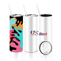 US STOCK 20oz Sublimation Blank White Straight Tumblers 304 Stainless Steel Insulted Water Bottle Cups With Lid and Straw 50pcs/carton