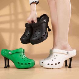Nxy Sandals High Heeled Women Slippers Hole Shoes 2022 Summer Sandal Two Wear Hi