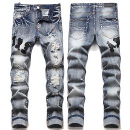 Patch Biker Jeans Men's Fashion Slim Vintage Casual Denim Pants Damage Long Moto Trousers239W