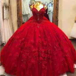 Red Quinceanera Dresses Tulle Straps Ruffles Crystals Beaded Floor Length Handmade Flowers Sequins Pageant Party Ball Gown 403