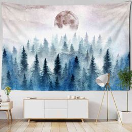 Tapestry Wall Hanging Rugs Misty Forest Beautiful Sight Printed Tree Natural La