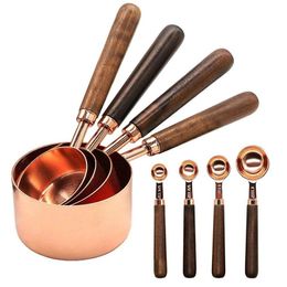 8pcs Measuring Cups Spoons Set Walnut Handle Stainless Steel Plated Copper Metal Measuring Scoop Baking Kit Kitchen Accessories T200523