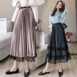 JXMYY autumn and winter products are fashionable and thin both sides wear lace mesh velvet pleated skirt 210412