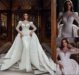 Vestido de noiva Sereia com renda de trem destacável Crystal Arabic Trumpete Vestidos de noiva Rúscula de mangas compridas