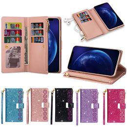 Bling Leather Multifunction Zipper Wallet Flip Cases 9 Card Slots Wrist Strap For Samsung S20 FE S21 S22 Ultra A13 A23 A33 A53 A03S A12 A22 A32 A42 A52 A72 A51 A71 A31