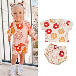 FOCUSNORM 2pcs Summer Lovely Baby Girls Boys Clothes Sets Flowers Printed Short Sleeve T Shirts Tops Elastic Shorts 220620