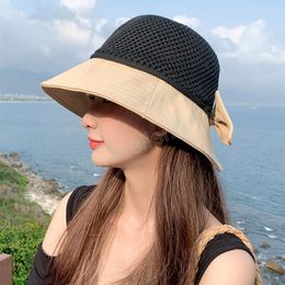 Summer Women Knitted Bucket Hat Big Bow Hollow Outdoor Breathable Straw Hats Patchwork Portable Travel Beach Sun Caps Female
