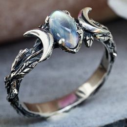 Woman Fashion Vintage Bohemian Triple Moon Ring Natural Moonstone Ring Engagement Party Wedding Jewellery Rings