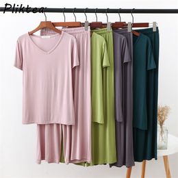 Pliktea 2 Piece Modal Homewear for Women Solid Color Loose Pajamas Short Sleeve T Shirt and Pants Summer Home Clothes 220329