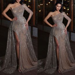 Sparkly Sequins Elegant Mermaid Evening Dresses One Shoulder Long Sleeve Side Split Formal Party Pageant Gowns Custom Made