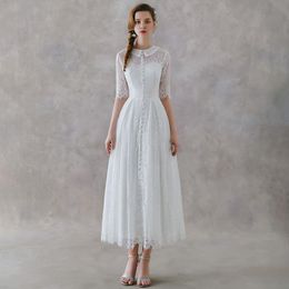 Other Wedding Dresses Half Sleeve Lace Illusion Bride Dress Vintage Simple Invisible Zipper Vestido De NoivaOther