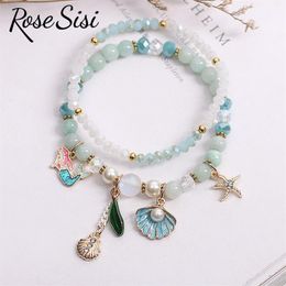 Charm Bracelets Rose Sisi Korean Style Summer Fresh Student Gift For Girl Ocean Shell Mermaid Cute Elastic Bracelet Women JewelryCharm