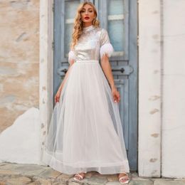 Casual Dresses Short Sleeve O Neck Patchwork Sequined Mesh Long Maxi Dress Wedding Party Women Evening Elegant Loose Ball Gown