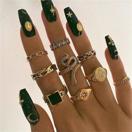 Bohemian Creative Dripping Oil Geometric Ring Cool Trend Hollow Snake-Shaped Diamond 9 Pieces Set Rings For Women