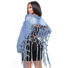 Women's Jackets Womens Autumn 2022 Fit Crop Tops Back Grid Tassel Design Long Sleeve Jean Coat Ladies Casual Street Plus Size Denim Jacket