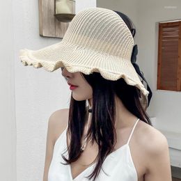 Hat Designer Bow-knot Empty Top Bucket Female Summer Outdoor Sunscreen Cap Beach Sun Roll-up Big-edge Wavy Straw Hats 2022 Oliv22