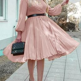 Casual pleated deep v-neck summer dress women beach Elegant pink puff long sleeve spring midi dress Sexy mujer vestidos 220511