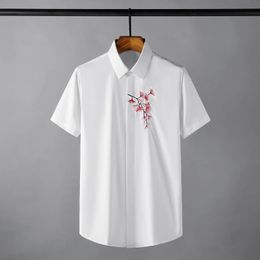 Leaf Embroidery Male Shirts Luxury Short Sleeve Casual Party Mens Dress Shirts Summer Slim Fit Tuxedo Man 4XL