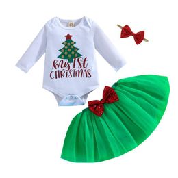 Clothing Sets 3 Pieces Christmas Tree Baby Girls Set Letter Print O-Neck Long Sleeve Romper+ Short Skirt+ Headband For 0-24 Months