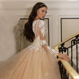 Champagne Ball Gown Wedding Dress Sexy V Neck Long Sleeve Lace Ruffles Appliques Sequins Gown Dress Lace High Waist Formal Dresses Plus Size Bridal Bridesmaid