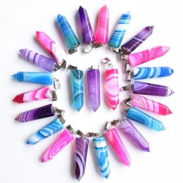 Fashion Purple Pink Green Stripe Onyx Charms Pillar Shape Charms Point Chakra Agate Stone Pendants for Necklace Earrrings Jewelry Making