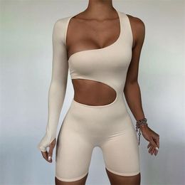 Summer Autumn Women Sexy Fitness Jumpsuit One Shoulder Skinny Bodycon Solid Sport Romper Playsuit 220506