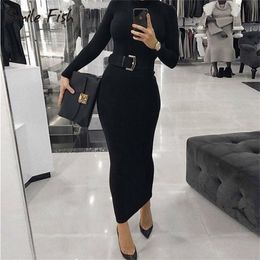 Turtleneck Long Dress Autumn Winter Muslim Elegant Office Lady Skinny Long Sleeve Bodycon Casual Dress Women Midi Clubwear GV464 220316