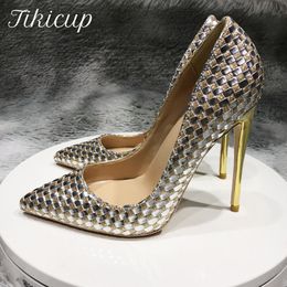 Tikicup Shiny Plaid Chic Women Stilettos High Heels Bling Party Dress Shoes Ladies Ponited Toe Slip On Pumps Plus Size 43 44 45 220402