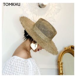 Women Fray Woven Seagrass Boater Hat Casual Sun Beach Caps Wide Brim Summer Hat Unisex Straw Hats for Travel 220607